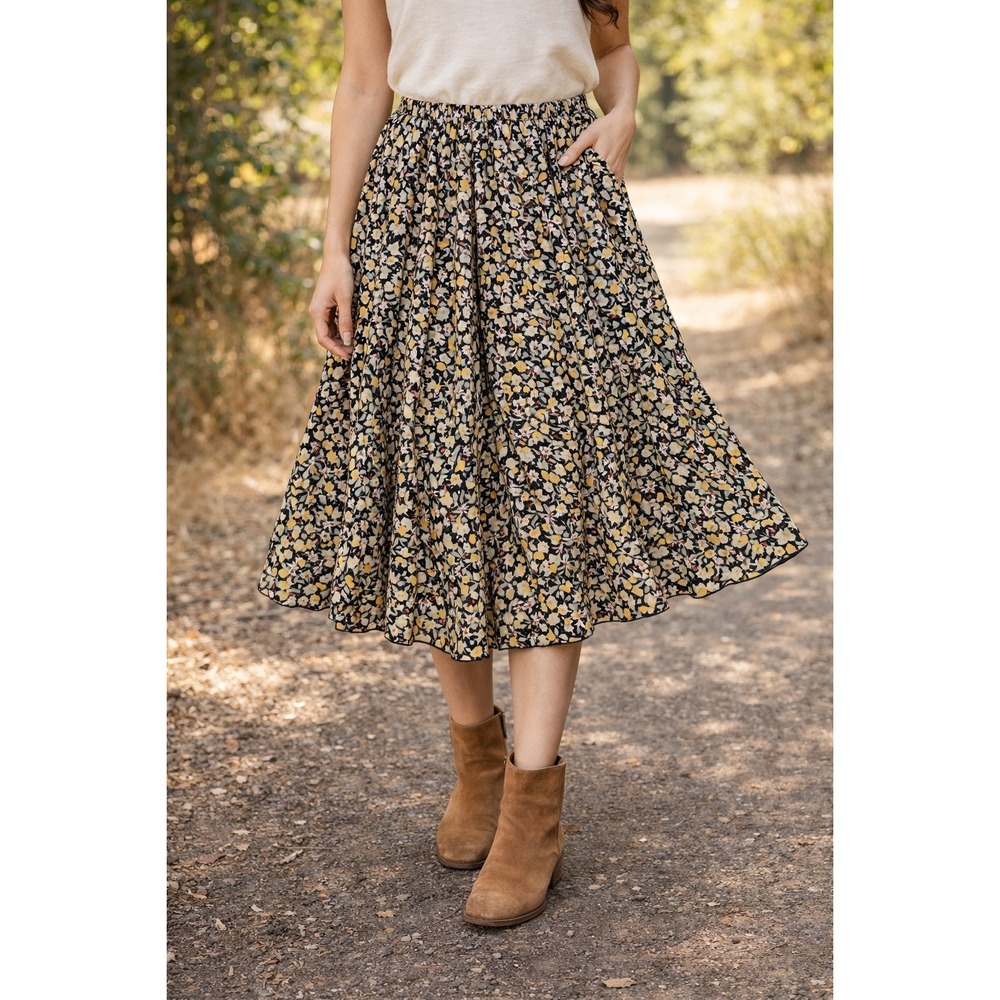 Christopher & Banks Petite Floral Midi Skirt Black Yellow Ditsy A-Line Size PS